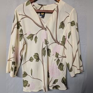 100% Silk Chic Floral V-Neck Blouse - Cream, Pink and Olive Size XL